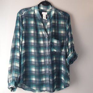🌞 Band of Gypsies Plaid Blouse, Roll Sleeve, M